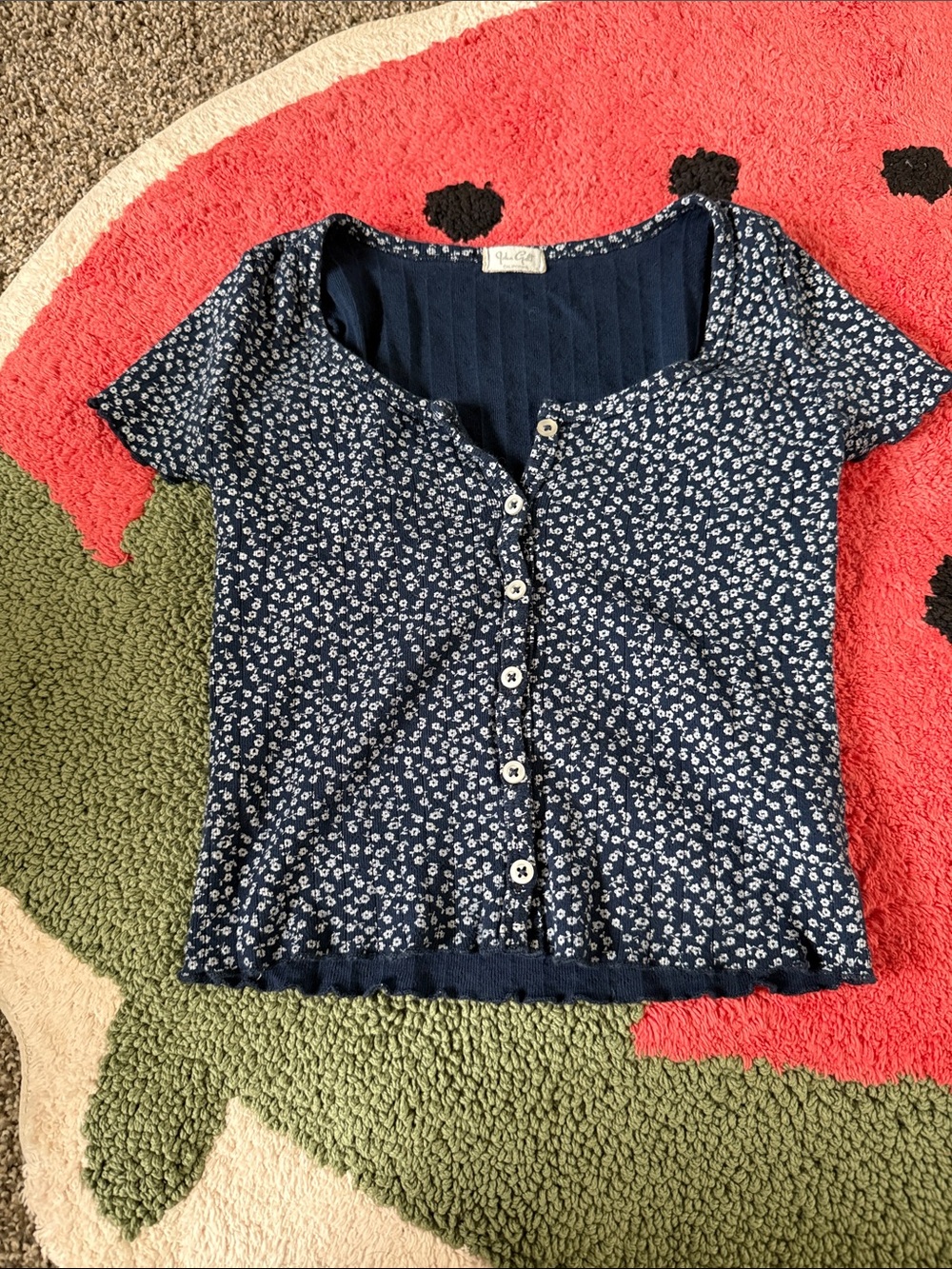 Brandy Melville Navy Blue Floral Button-Front Crop Top